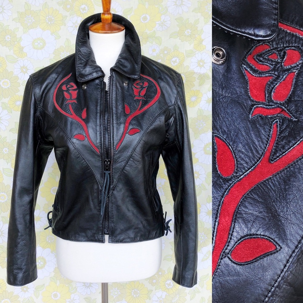 🌹Vintage 80s/90s Wild Rose Leather Bomber